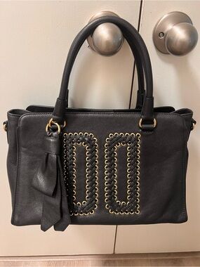 DAKS Black Leather Satchel with Gold Eyelet Braided Detail